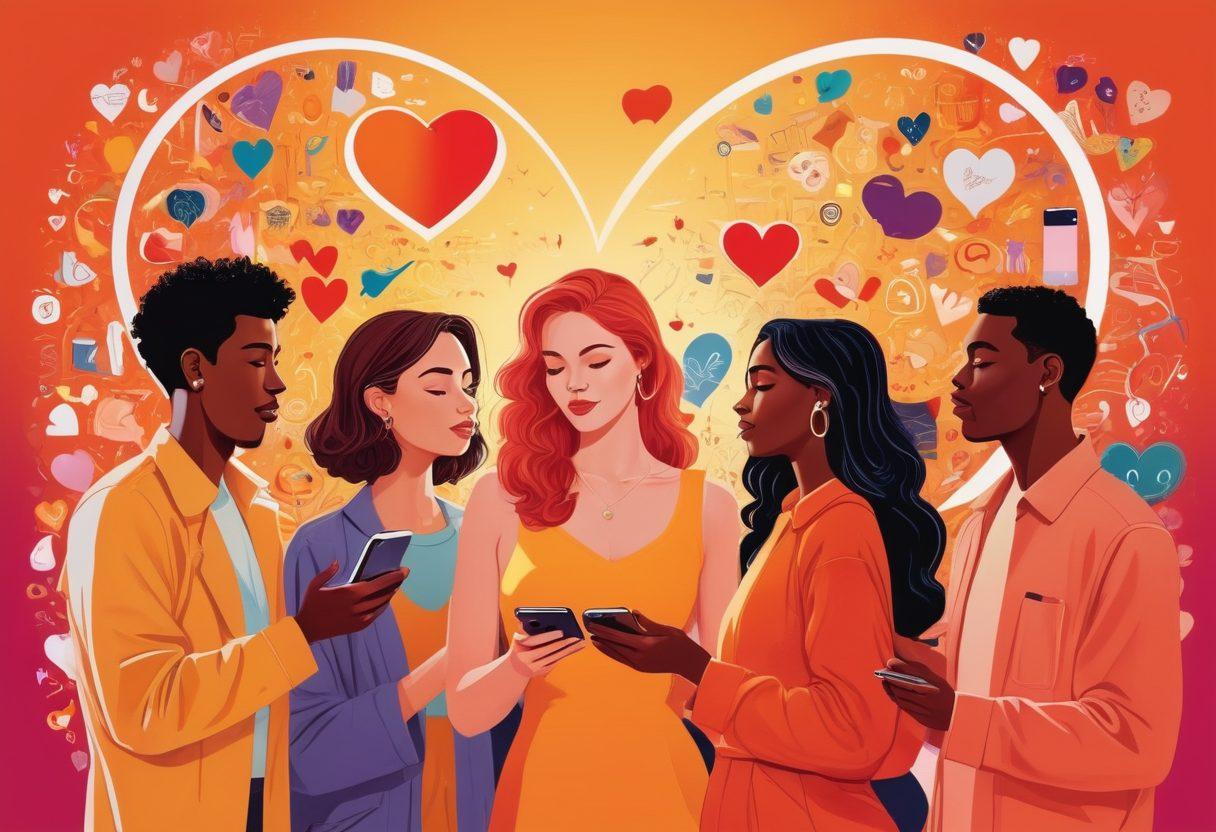 A vibrant collage depicting a diverse group of people engaging in discussions about sex positivity and adult media, surrounded by symbols of modern culture like smartphones, art, and social interactions. Utilize warm colors to evoke a sense of openness and acceptance. Incorporate elements like hearts, books, and media screens to represent knowledge and connectivity. The backdrop should be abstract yet engaging, symbolizing the complexity of modern relationships. vector art. vibrant colors. dynamic composition.